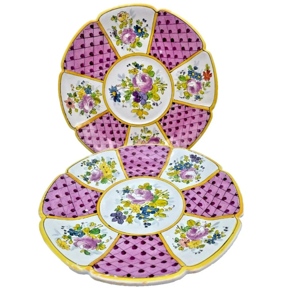 Veuve Perrin France Faience Marseille Plates Hand Painted Floral Set of 2 Signed